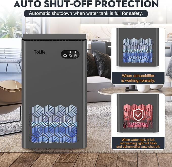 ToLife Dehumidifier, 1000 Sq Ft 95 oz Tank with Sleep Mode, Auto Shutoff | Portable for Home, Bedroom, Bathroom and Basement with 7-Color LED Light, Grey