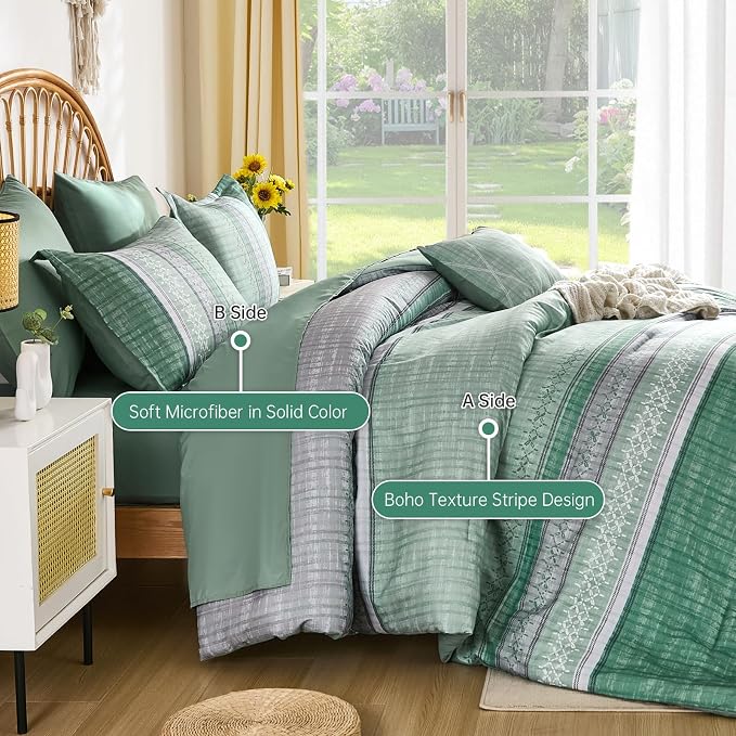 Boho Queen Comforter Size Set, 8 Pieces Sage Green Striped Texture Bed in a Bag Bedding Sets, Lightweight Soft Comforter and Sheet Set, All Season Microfiber Teen Boys Bedding Sets for Men Women