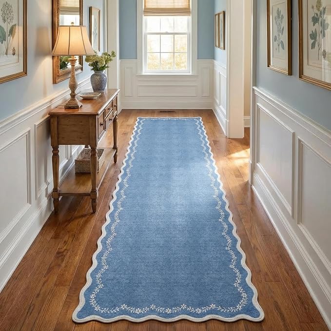 GarveeHome 2.5x10 Scalloped Washable Runner Rug Long Hallway Kitchen Rug | Soft Blue Hall Runner Non Slip Entryway Rug Farmhouse Thin Laundry Mat Stain Resistant Carpet for Bathroom Beside Rug