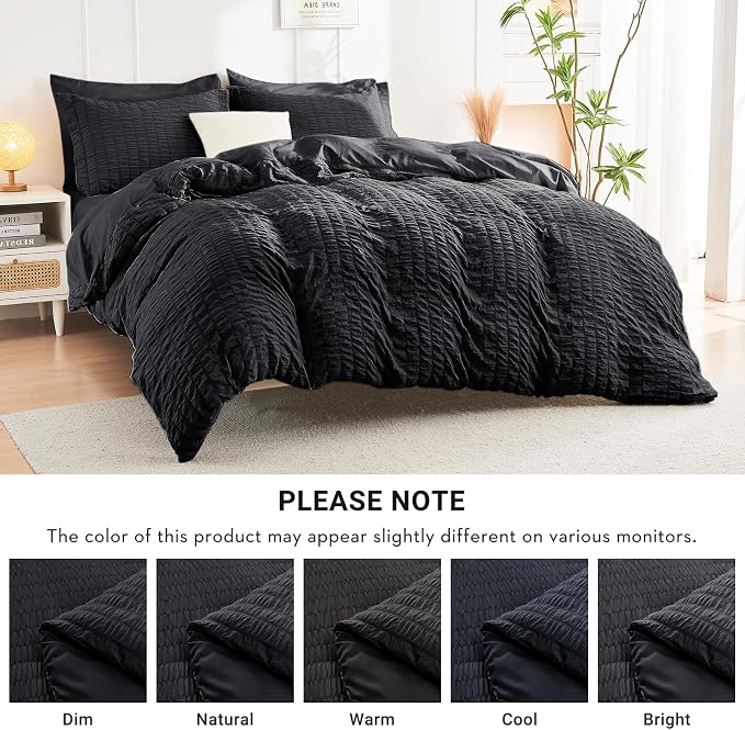 HYMOKEGE Black Queen Comforter Set Seersucker 7 Pieces, All Season Luxury Bed in a Bag for Bedroom, Bedding Set with Comforters, Sheets, Pillowcases & Shams