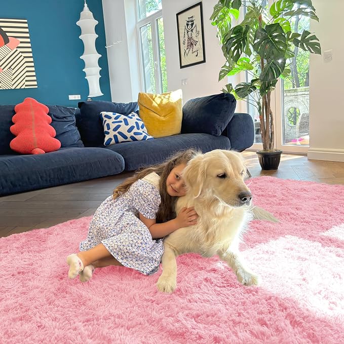 OLANLY 3x5 Machine Washable Small Bedside Rug, Soft Fluffy Shaggy Rugs for Living Room, Bedroom, Indoor Floor Carpet for Kids Girls and Boys, Preppy Dorms, Nursery, Home Decor Aesthetic, Pink