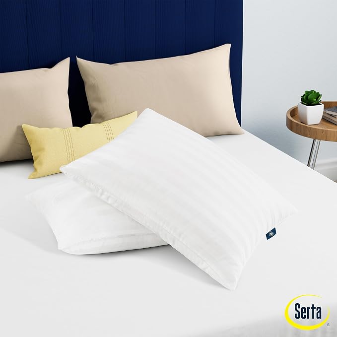 Serta Won't Go Flat Down Alternative Bed Pillows, Extra Life Foam Core with Medium Support, Perfect for Back, Stomach or Side Sleepers (2 Pack), Standard/Queen, White