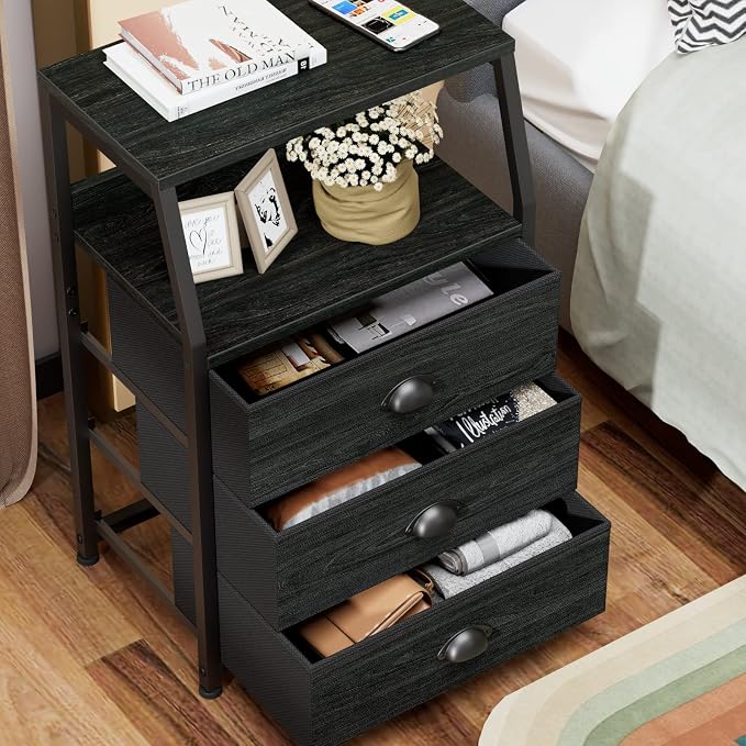 Furnulem Black Night Stand, Small Bedside Table for with 3 Fabric Drawers | Night stand with Drawers and 2-Tier Shelf, Small Dresser with Metal Frame and Wood Top, Storage Drawers for Dorm, Living Room