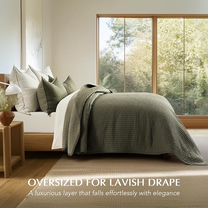 EVERGRACEHOME Cotton Sateen Quilt Set, Queen Size, Olive Green | 100% Cotton, Channel Stitch Coverlet Bedspread, Pre-Washed Lightweight Soft Bedding Set for All Season, 3 Piece, with 2 Shams