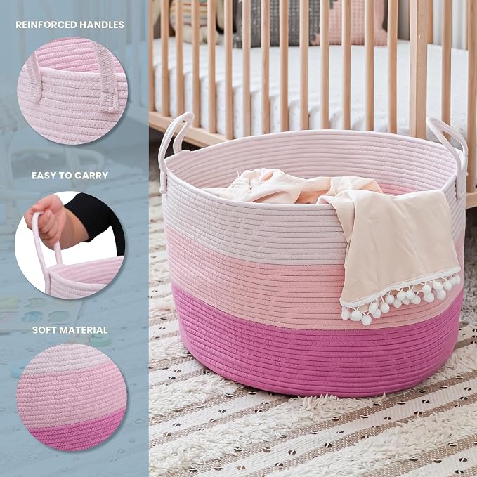 OrganiHaus Round Toy Basket & Blanket Basket, Cotton Rope 20x13" | 3-Toned Pink - Round Cotton Rope Basket, 20x13"