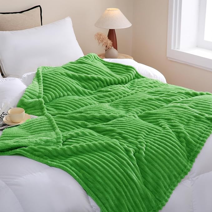 Bright Green Fleece Throw Blanket 50”×60” for Couch Sofa Livingroom | Super Soft Cozy Plush Microfiber Flannel Bed Blanket Striped Design Lightweight Home Decor Gifts for Adults Mom Women