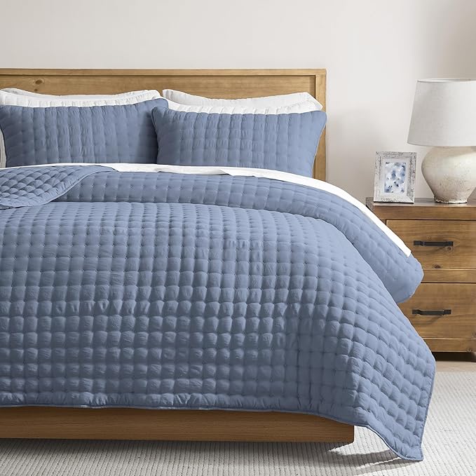 WDCOZY Dusty Blue Cloud Quilt Set Queen Size, Lightweight Soft Cross Stitch Bedspread, Farmhouse Rustic Country Coverlet, Spring Summer Thin Comforter, 3 Pieces, 2 Pillow Shams, 90x90 inches