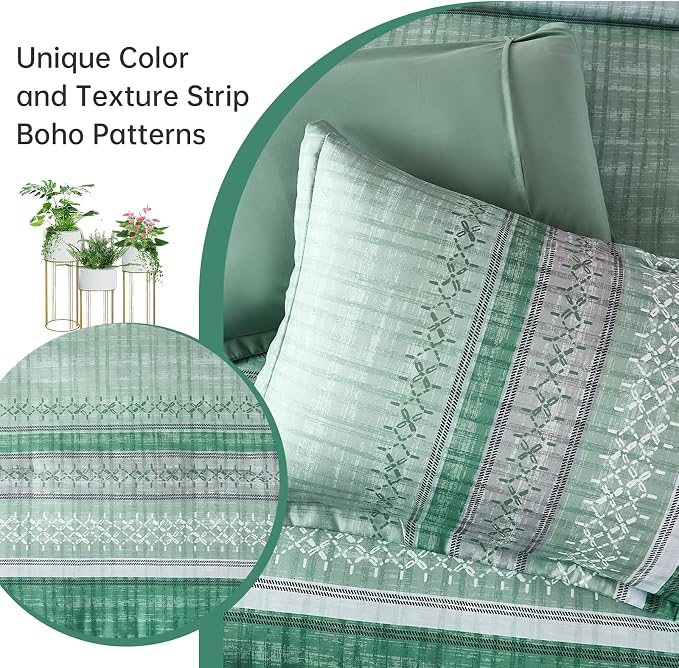 Boho Queen Comforter Size Set, 8 Pieces Sage Green Striped Texture Bed in a Bag Bedding Sets, Lightweight Soft Comforter and Sheet Set, All Season Microfiber Teen Boys Bedding Sets for Men Women