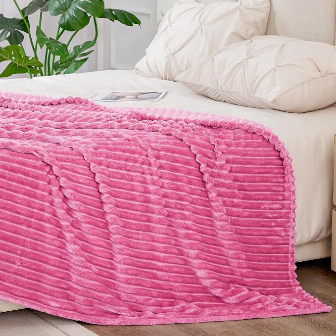 BEDELITE Ribbed Jacquard Hot Pink Blankets Queen Size for Bed, 90x90 Inch | Soft Warm Decorative Fluffy Blanket, Cozy Fuzzy Lightweight Plush Fleece Throw Blankets for Bed, Room Decor, Gift for Women