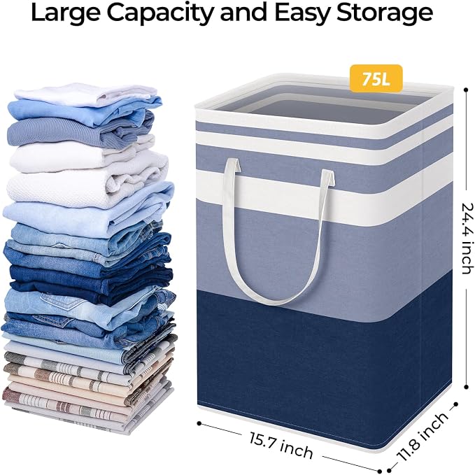 HomeHacks 2 Pack Large Laundry Baskets, Laundry Hampers Bags (Blue 75Lx2) | Waterproof, Freestanding, Collapsible Clothes Hamper with Reinforced Handles in Laundry Room, Dorm, Bathroom, Bedroom