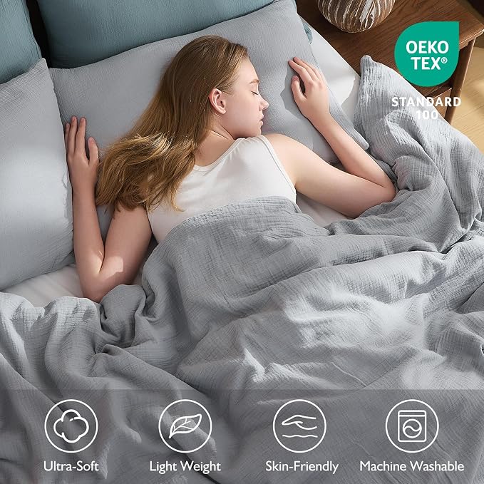 EMME Muslin Cotton Duvet Cover Set Queen Size Linen Like Soft Breathable Lightweight Summer Comforter Cover Set with Zipper Closure (Light Grey, Queen, 90"x90")