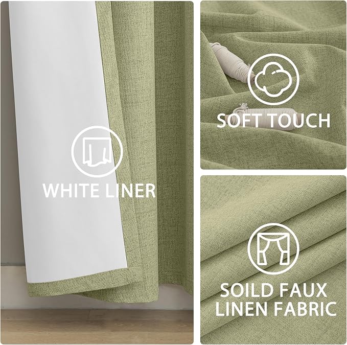 Yakamok Sage Linen Textured Curtains 72 Inches Long for Living Room | 100% Blackout Curtains,Room Darkening Curtains,Thermal Grommet Bedroom Curtain 2 Panels with Greyish White Liner,52W x 72L