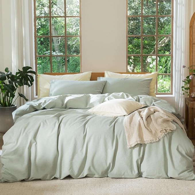 MooMee Duvet Cover Set 100% Washed Cotton Linen Like Super King | Relaxed Linen-like Texture. Soft, Breathable & Long-lasting Comfort. Lightweight. Hidden Zipper with 8 Interior Corner Ties