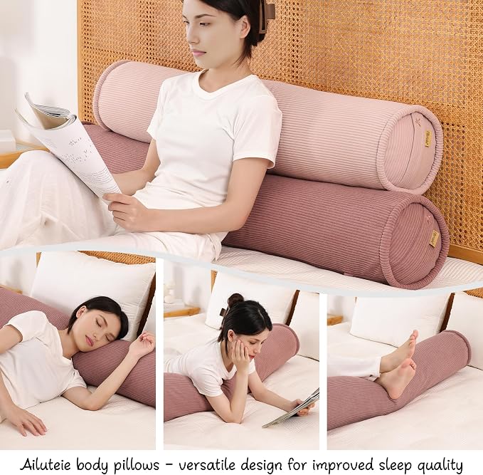 Long Round Body Pillow for Adults – Corduroy Cervical Roll Bolster Pillow, Firm Support for Spine Alignment & Side Sleeping,59 x 7.87 Inches,Brick Brown