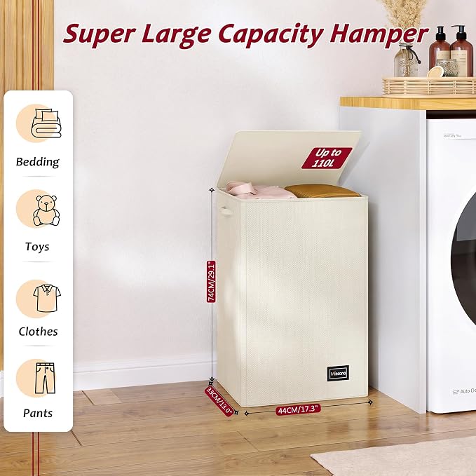 110L Laundry Hamper with Lid, Reinforced Sturdy Large Laundry Hamper with Handle and Lid, Collapsible Clothes Basket Organizer with Removable Liner Bag, Tall Dirty Clothes Bin for Dorm Bedroom