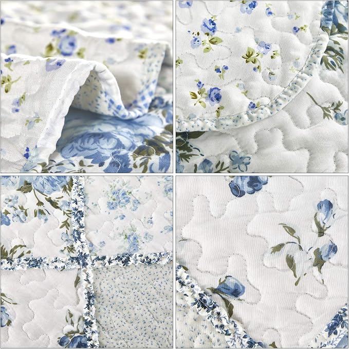 Oversized King Size Quilt Set 128x120 Blue Floral Patchwork Bedspreads Set | 3-Piece Extra Wide Super King Size Bedding Set Rversible Quilted Coverlet Lightweight Comforter Bed Cover with 2 Pillowcases