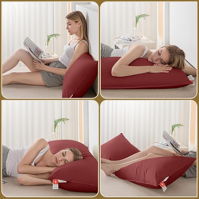 Goose Down Body Pillow for Adults, Burgundy, 20"x54" | Side Sleeper, Hugging Feather Insert, Cooling Full Length, 100% Organic Cotton Shell