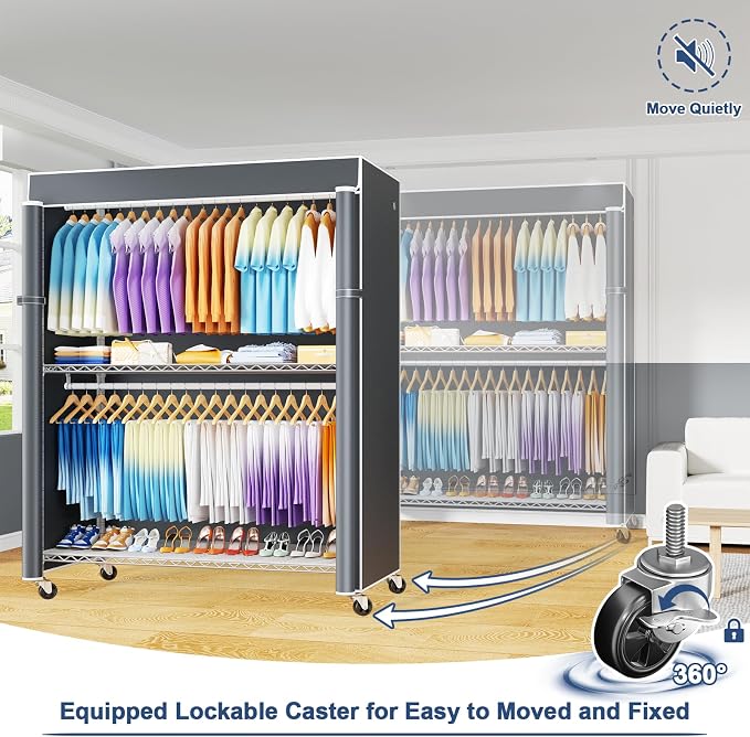P8C Max Heavy Duty Clothes Rack（With Extended Width Design） Rolling Clothing Racks for Hanging Clothes with Lockable Wheels，51.2" W x 15.8" D x 80.5" H，Load 800LBS，White Rack with Grey Cover