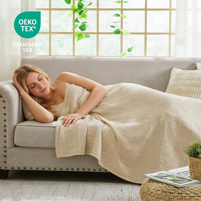 EMME Muslin Blankets for Adults Throw Blanket for Couch Breathable Gauze Soft Lightweight Airy Beige Super King 120" x 94"