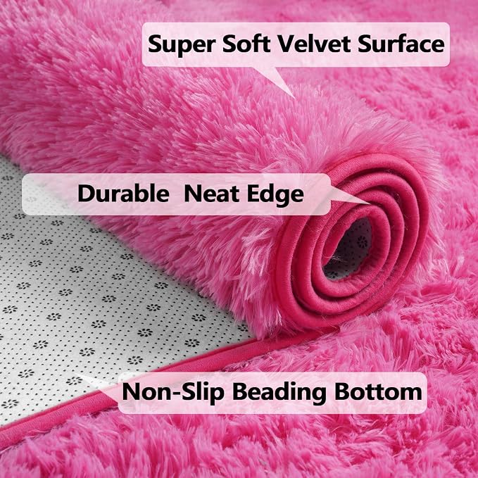 Modern Soft Fluffy Large Shaggy Rug for Bedroom Livingroom Dorm Kids Room Indoor Home Decorative, Non-Slip Plush Furry Fur Area Rugs Comfy Nursery Accent Floor Carpet 4'x6' Hot Pink
