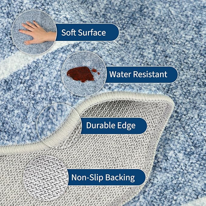 GarveeHome Scalloped Washable Runner Rug 2x10 Non Slip Kitchen Rugs, Blue | Modern Blue Indoor Entryway Rug Farmhouse Soft Bath Mat Stain Resistant Carpet for Bedroom Hallway Laundry