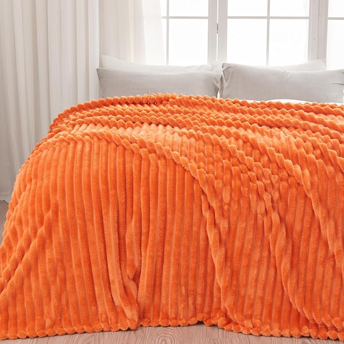NEWCOSPLAY Fleece Ribbed Cozy Queen Blanket for Couch, Orange, 90"x90" | Premium Silky Flannel Blanket, Soft Lightweight Fluffy Throw Blanket for Bed Sofa Decor, Gift for All Season Use