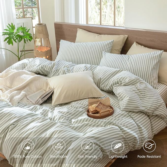 MooMee Striped Duvet Cover Set 100% Washed Cotton Linen Like Super King | Relaxed Linen-like Texture. Soft, Breathable & Long-lasting Comfort. Lightweight. Hidden Zipper with 8 Interior Corner Ties
