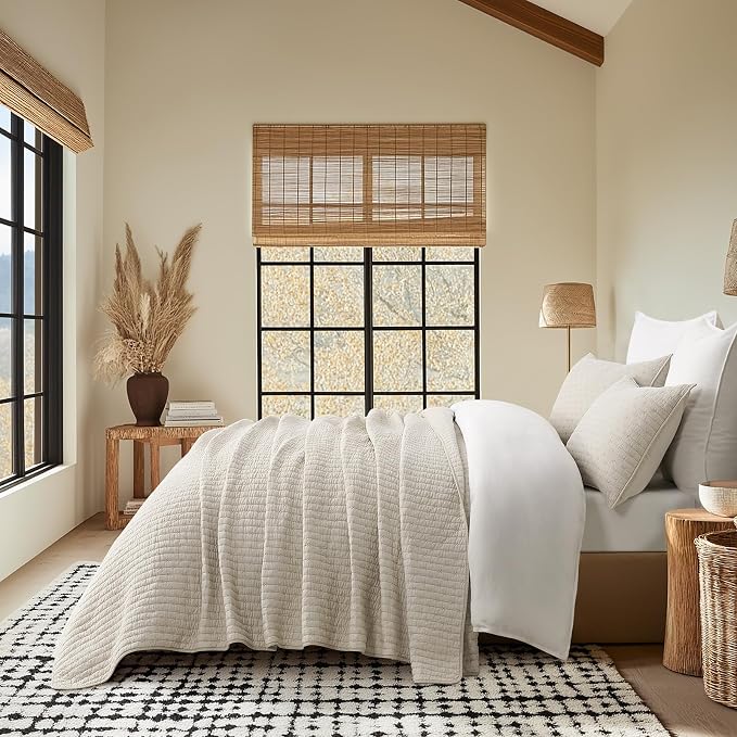 100% Cotton Cross Stitch 3-Piece Quilt Set, King, Flax Beige | 100% Cotton, Elegant Cross Stitch, Soft & Breathable, Prewashed Softness, Oversized Design, OEKO-TEX® Certified