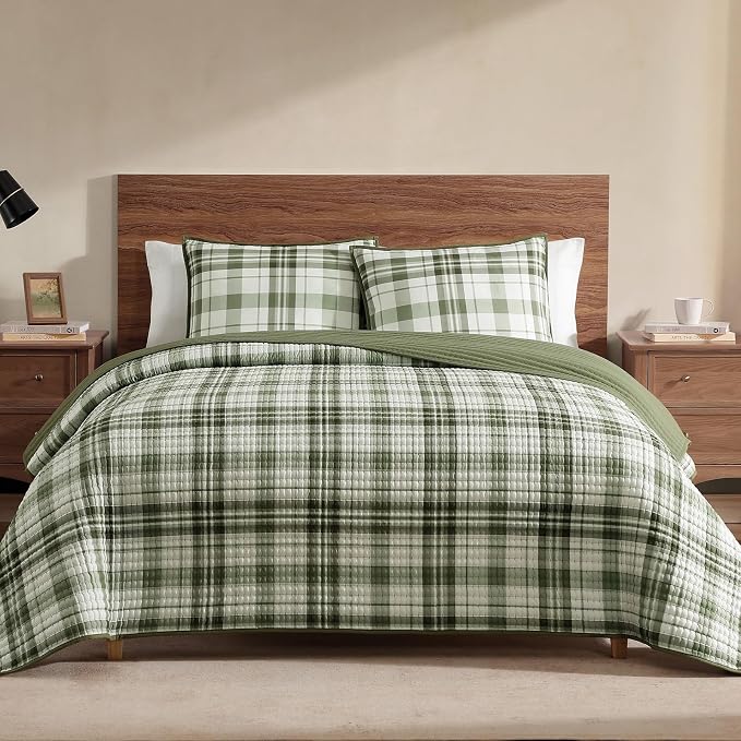 Twin Quilt-Lightweight Bedspread Plaid Quilt Twin Size Quilt Bedding Set | Green Reversible Coverlet for All Seasons, Suitable for Bed, Couch, 2 Pieces, 66"x92"