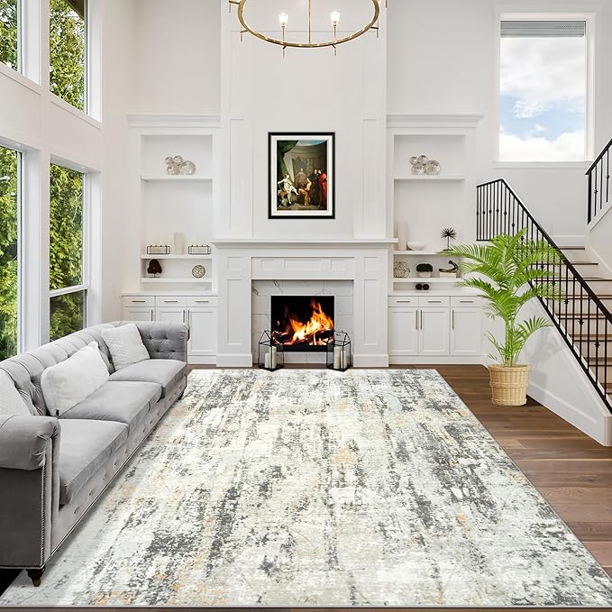 8x10 Area Rugs for Living Room: Washable Abstract Grey Brown Badroom Carpet | Non-slip TPE backing makes this washable soft low-pile rug safe & durable, Pet-friendly decor for dining room,nursery,office