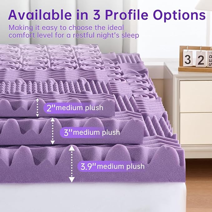 MUXHOMO 3.9 Inch 7-Zone Cal King Mattress Topper, Egg Crate Memory Foam Mattress Topper Cal King for Back Pain, Lavender Gel Infused Bed Pad, CertiPUR-US and Oeko-TEX Certification (83"×71")