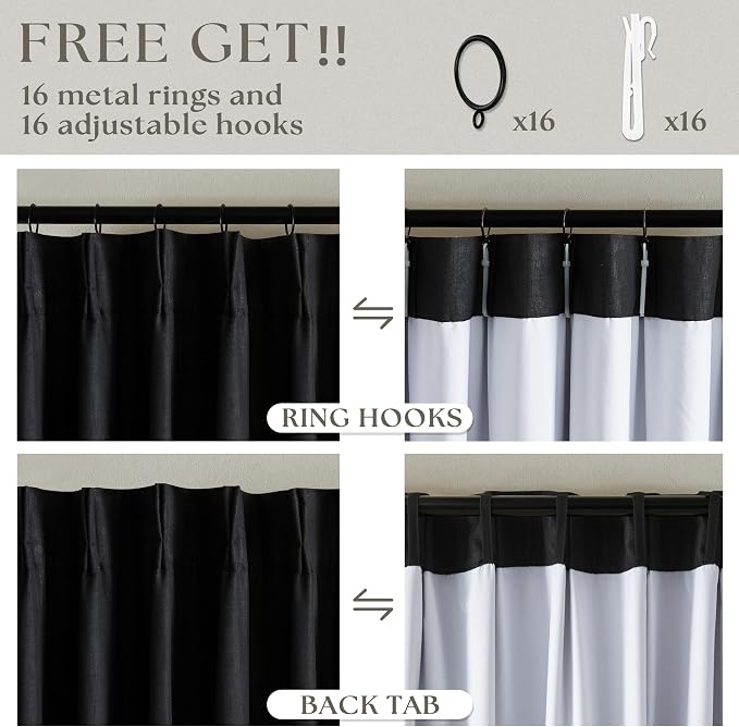 Black Pinch Pleated 100% Blackout Linen Bedroom Curtains 96 Inch Length | Double Layer Curtains, Pleat with Ring Hooks Back Tab, Black Out Room Darkening Drapes, for Living Room, 40x96 2 Panels Set