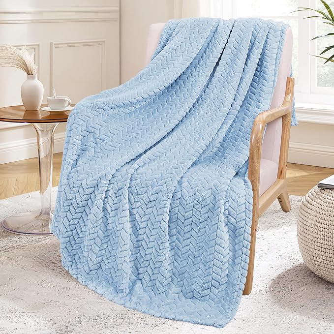 Exclusivo Mezcla Fleece Throw Blanket for Couch Sofa, 50”x70”, Light Blue | Oversized Soft Cozy Fluffy Blankets for Summer, Decorative Plush Flannel Throws for Living Room, Bedroom with Leaves Pattern