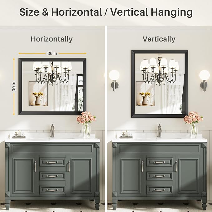 Black Metal Framed Bathroom Wall Mirror, 36x30 Inch | Anti-rust, HD tempered glass, for bathroom vanity, bedroom, living room, horizontal or vertical mount