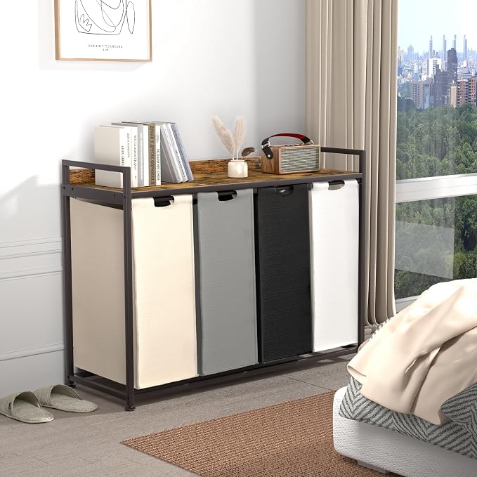 Herture Laundry Hamper with Shelf, Laundry Basket 4 Section, Laundry Sorter with Pull-Out Removable Large 4 Color Bags and Movable Wheels, Metal Frame, 4 x 15.87 Gallons (60L), Rustic Brown PF07XLN