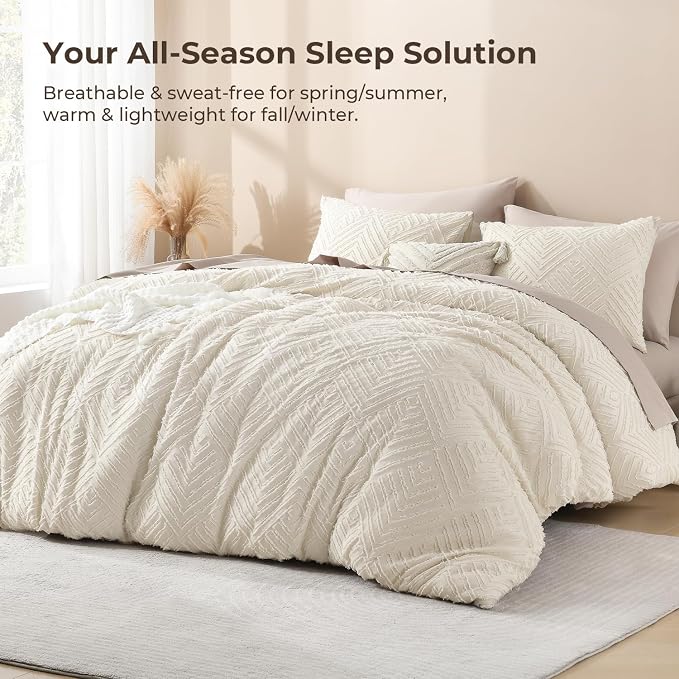 Litanika Full Size Comforter Set, 3 Pieces Beige Tufted Boho Bedding Set | Farmhouse Shabby Chic Vintage Bohemian Textured Aesthetic Soft Fluffy Lightweight Breathable All Season Bed Set for Full Bed