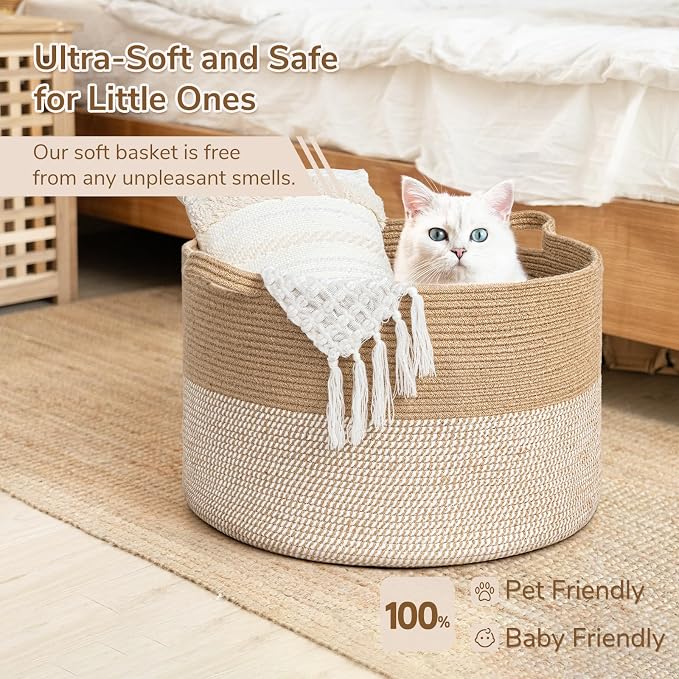 INDRESSME XXXLarge Woven Wicker Blanket Basket Living Room White Jute, 90L | Wicker baskets for organizing shoe, dog toys & pillows. For living room bedroom or nursery decor. soft-touch with handles