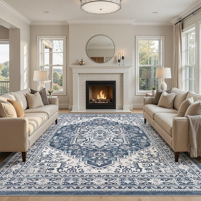 UERMEI 8x10 Area Rug for Living Room - Washable Vintage Carpet, Non-Slip Soft Large Indoor Floor Rugs for Bedroom Home Office & Under Dining Table Decor, Denim Blue/White