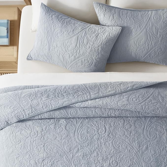 EVERGRACEHOME 100% Cotton Paisley Quilt Set, Queen Size, Pearl Blue | Prewashed for Softness, Year-Round Breathability, Gift-Ready Box, Matelasse-style Quilted Coverlet, 3 Piece Set with 2 Shams