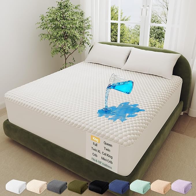 OhGeni 100% Waterproof Mattress Protector,King Size Premium Bamboo Soft Thick Pad,3D-Air Fabric Cooling Breathable Fitted Sheets,Washable Bed Cover,Deep Pocket Noiseless Over 99 Count Hex Bumps