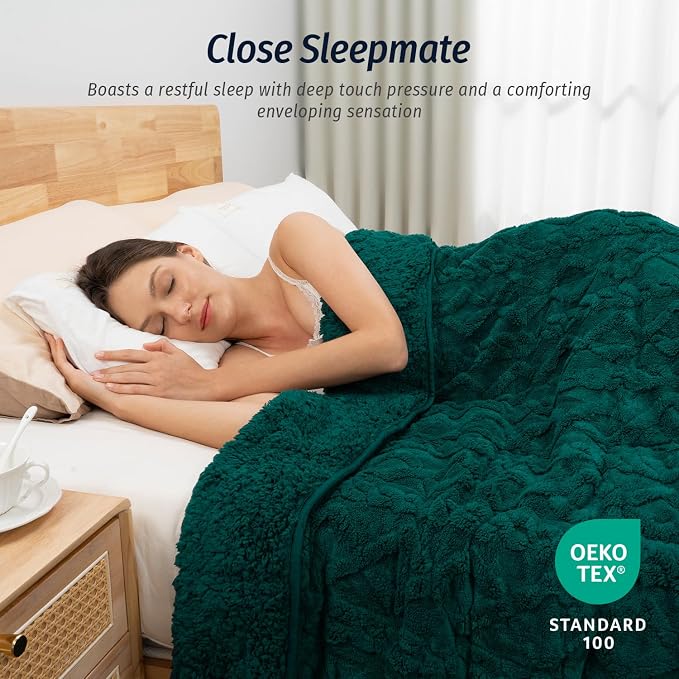 Sherpa Weighted Blankets for Sleeping Queen 60" x 80" 15 lbs Green | Relax Body & Mind, Even Weight Distribution, Dual Sided Soft Heavy Throw Blankets, Jacquard Knitted, Chunky Fluffy, Warm Hug
