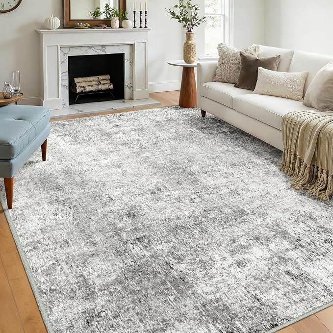 RELEANY Washable 9'x12' Abstract Area Rug for Living Room Gray White | Carpet for Bedroom, Kitchen, Office, Hallway and Entryway, Printed Pattern, Non‑Slip, Soft, Stain‑Resistant, Easy to Clean