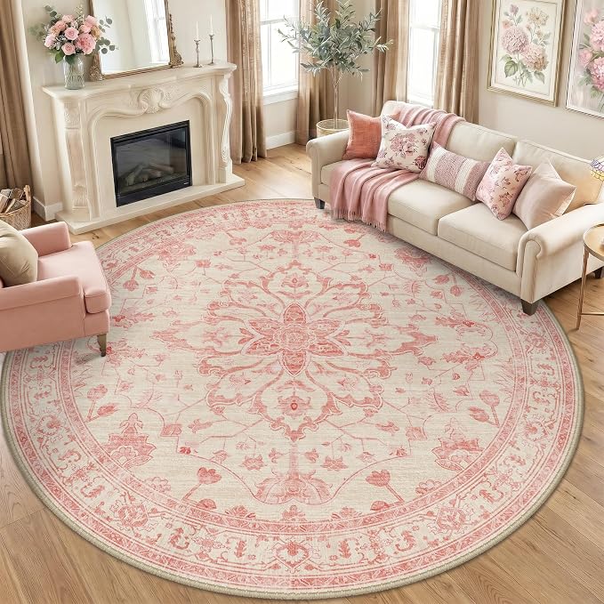 RELEANY Washable Area Rug, Round 8ft, Pink/Light Vintage Pink | Non-Slip, Water Repellent, Pet Friendly, Easy to Clean, Vintage Floral Boho Decor for Living Room Bedroom Dining Room