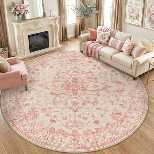 RELEANY Washable Area Rug, Round 8ft, Pink/Light Vintage Pink | Non-Slip, Water Repellent, Pet Friendly, Easy to Clean, Vintage Floral Boho Decor for Living Room Bedroom Dining Room