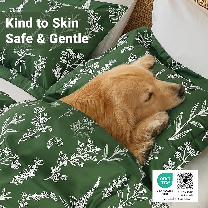 MUXHOMO Duvet Cover Queen Size, Reversible Floral Dark Green Duvet Cover Set with Zipper Closure, 3 Pieces Botanical Patterns Soft Microfiber Bedding Set with 4 Ties (90"x90", 2 Pillow Cases)