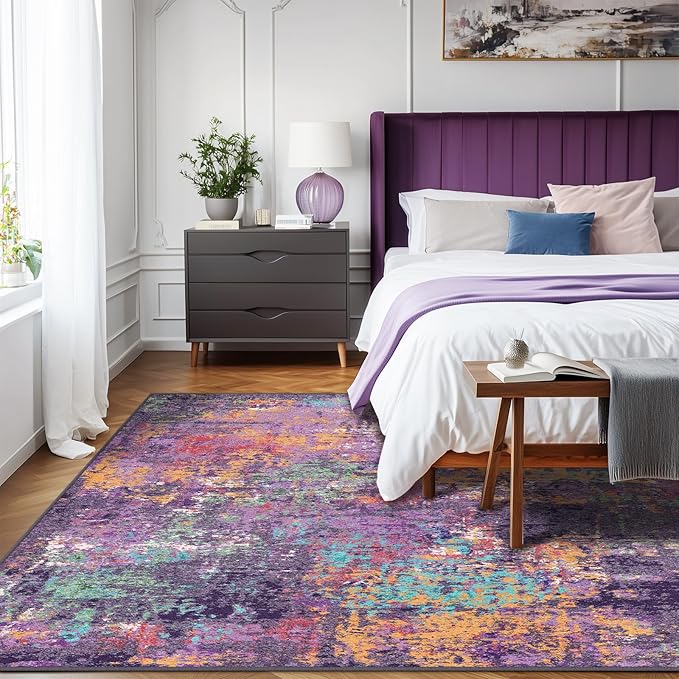 RELEANY Washable 5'x8' Abstract Area Rug for Living Room Purple Multi | Carpet for Bedroom, Kitchen, Office, Hallway and Entryway, Printed Pattern, Non‑Slip, Soft, Stain‑Resistant, Easy to Clean