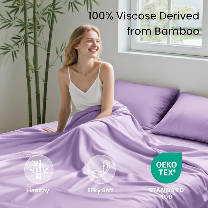 Love's cabin 3 Piece Twin Sheet Set, 100% Rayon Derived from Bamboo, Cooling & Breathable, Soft Silky Deep Pocket up to 16", Hotel Luxury Bedding for Hot Sleepers, Lavender