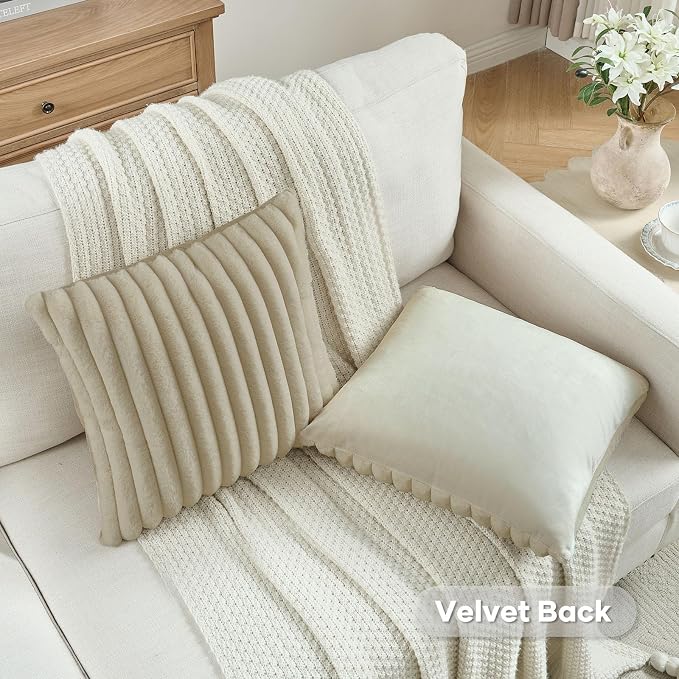FUTEI Pack of 2 Faux Fur Throw Pillow Covers 24x24 Inch, Beige | Fluffy Faux Rabbit Fur Front/Premium Velvet Back,Hidden Zipper,Machine Washable,Non-Shedding,Colorfast,Insert Not Included.