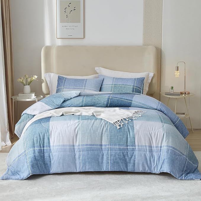 LifeTB Queen Comforter Set Modern Style Checkered Pattern Comforter for Men Boys Blue Plaid Printed Geometric Comforter with 2 Pillow Shams Fluffy Boho Grid Checkered Comforter Set Queen Size