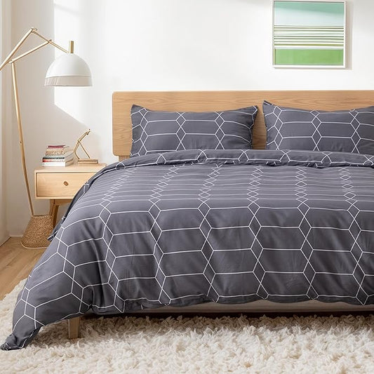 TOCOMOA Plaid Duvet Cover Set 100% Natural Cotton, Grey & White, Queen | Soft, Comfy & Breathable. Printed Bedding Set with Hidden Zipper & 8 Corner Ties. 3PCs, Comforter Not Included